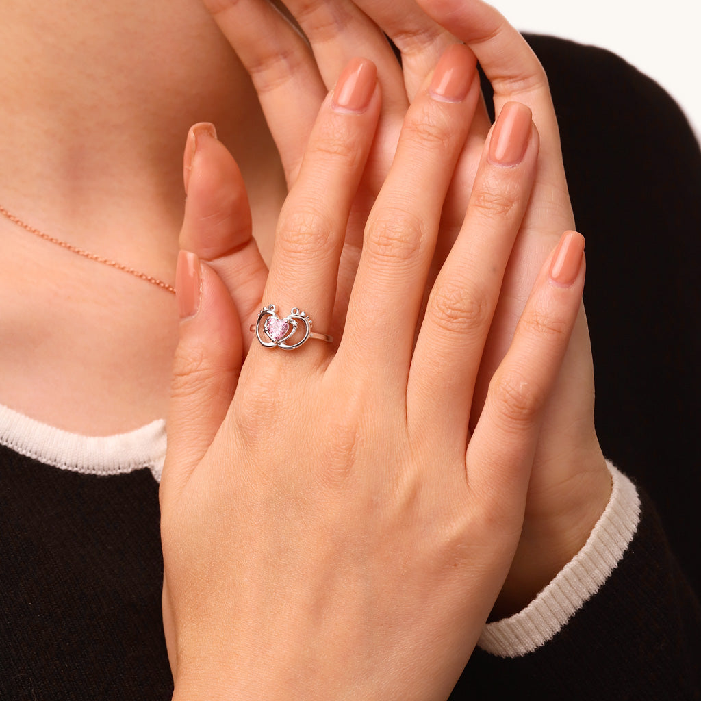 Gnoce Baby Footprint Heart Birthstone Ring_6