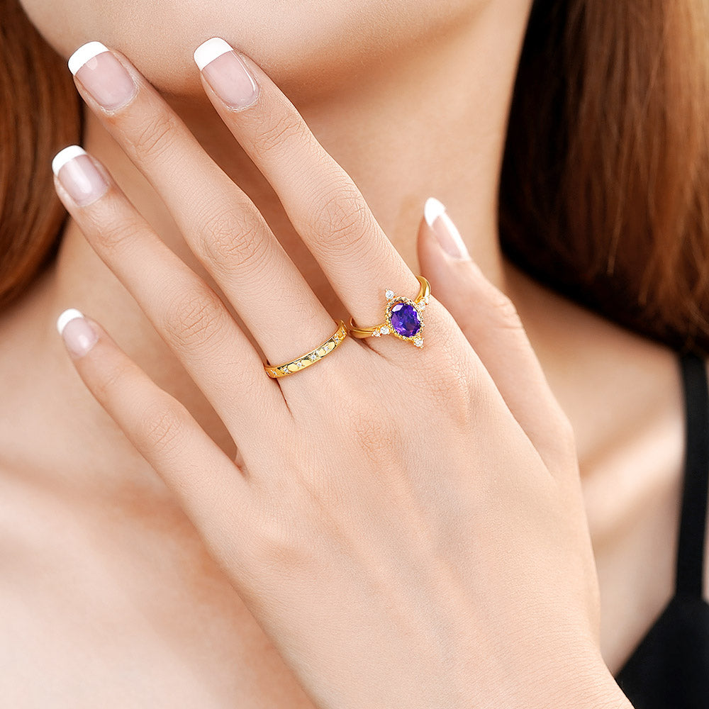 Oval Cut Amethyst Vintage Stacking Engagement Band Ring Set_6