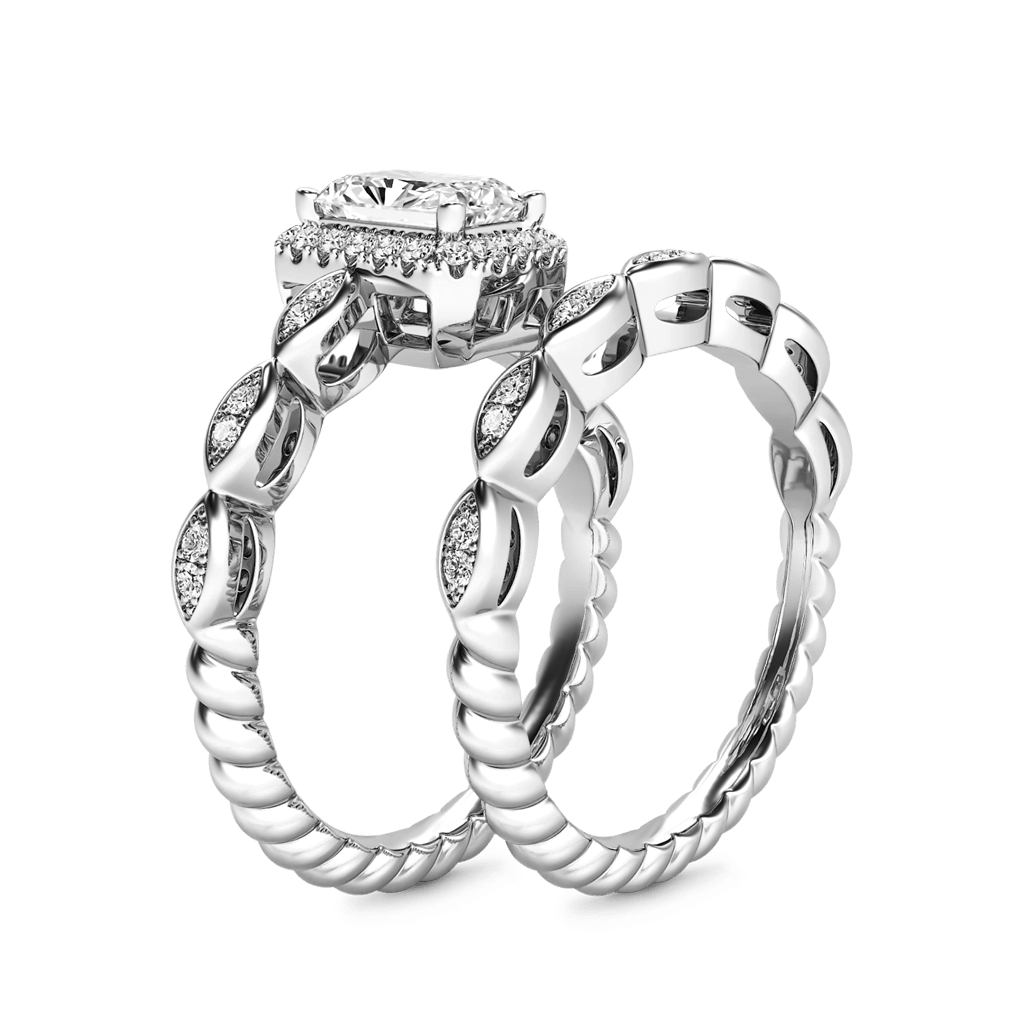 Gnoce Vintage Emerald Cut Halo Engagement Ring Set_2