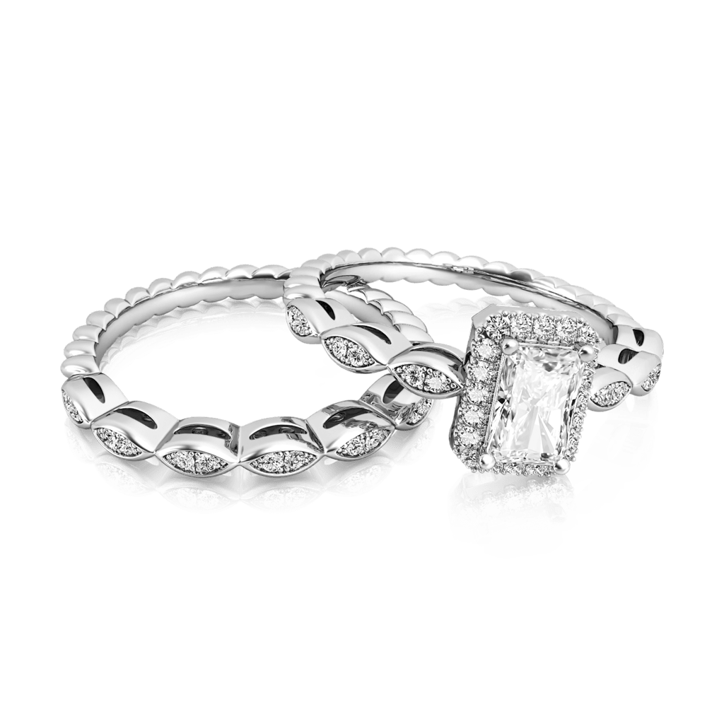 Gnoce Vintage Emerald Cut Halo Engagement Ring Set_4