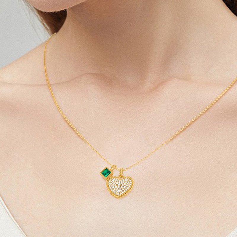 Gnoce Paved Heart & Emerald Princess Gemstone Twisted Rope Pendants Necklace_6
