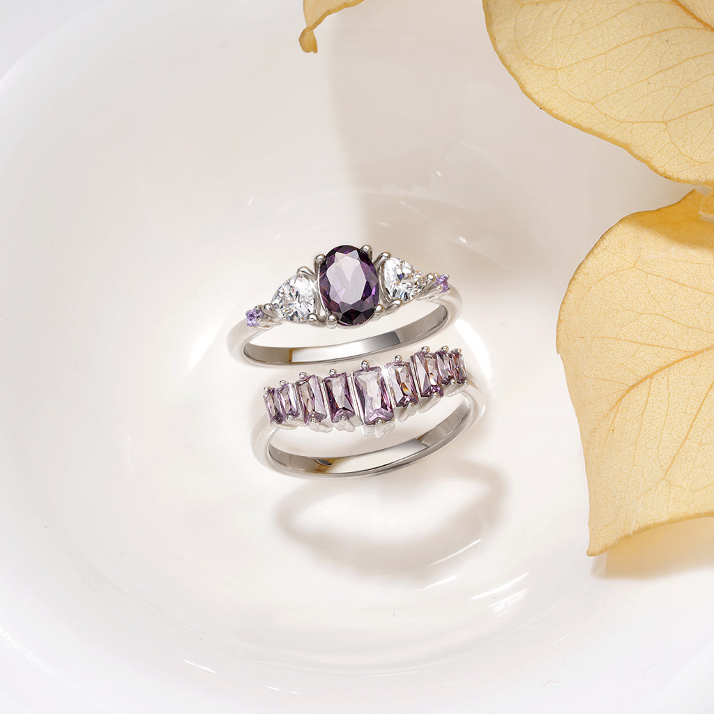 Gnoce Egg-cut Fuchsia Rectangle Stones Stacking Ring Set_3