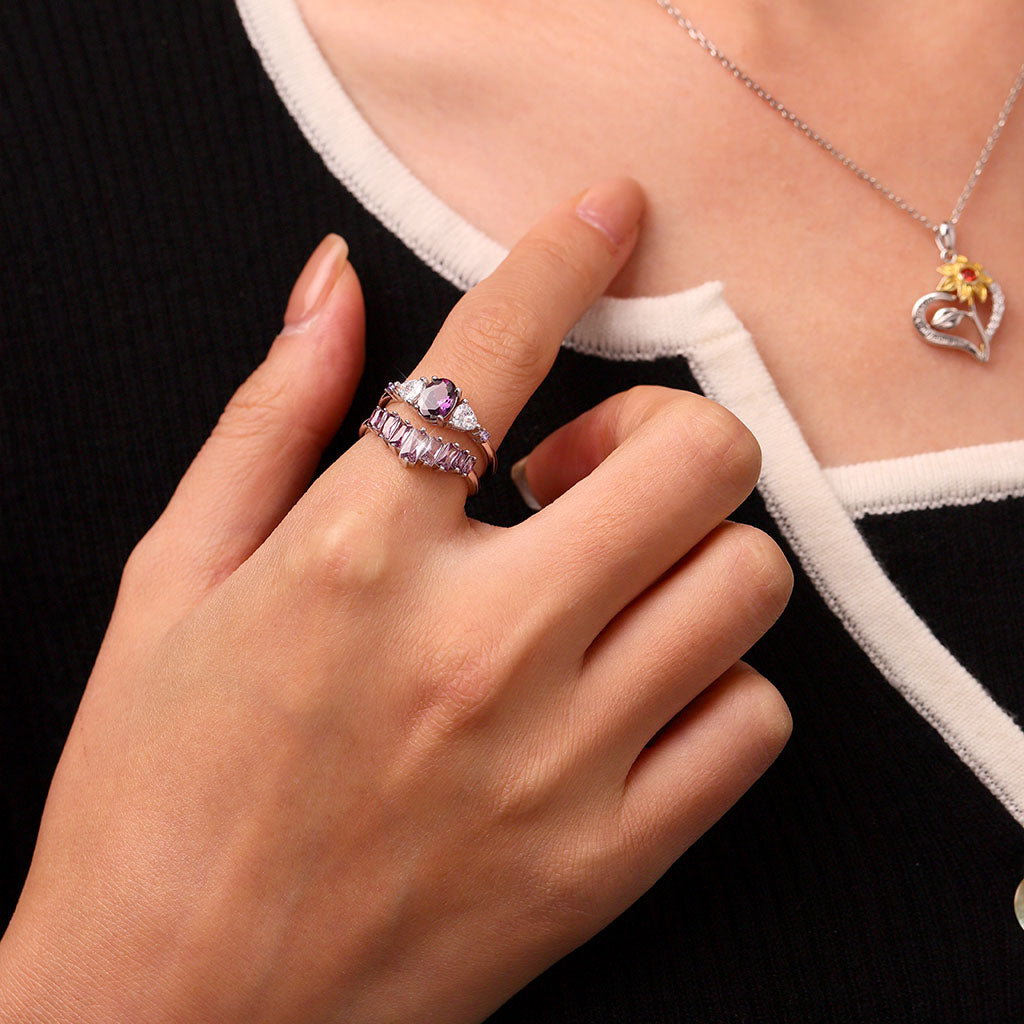 Gnoce Egg-cut Fuchsia Rectangle Stones Stacking Ring Set_4