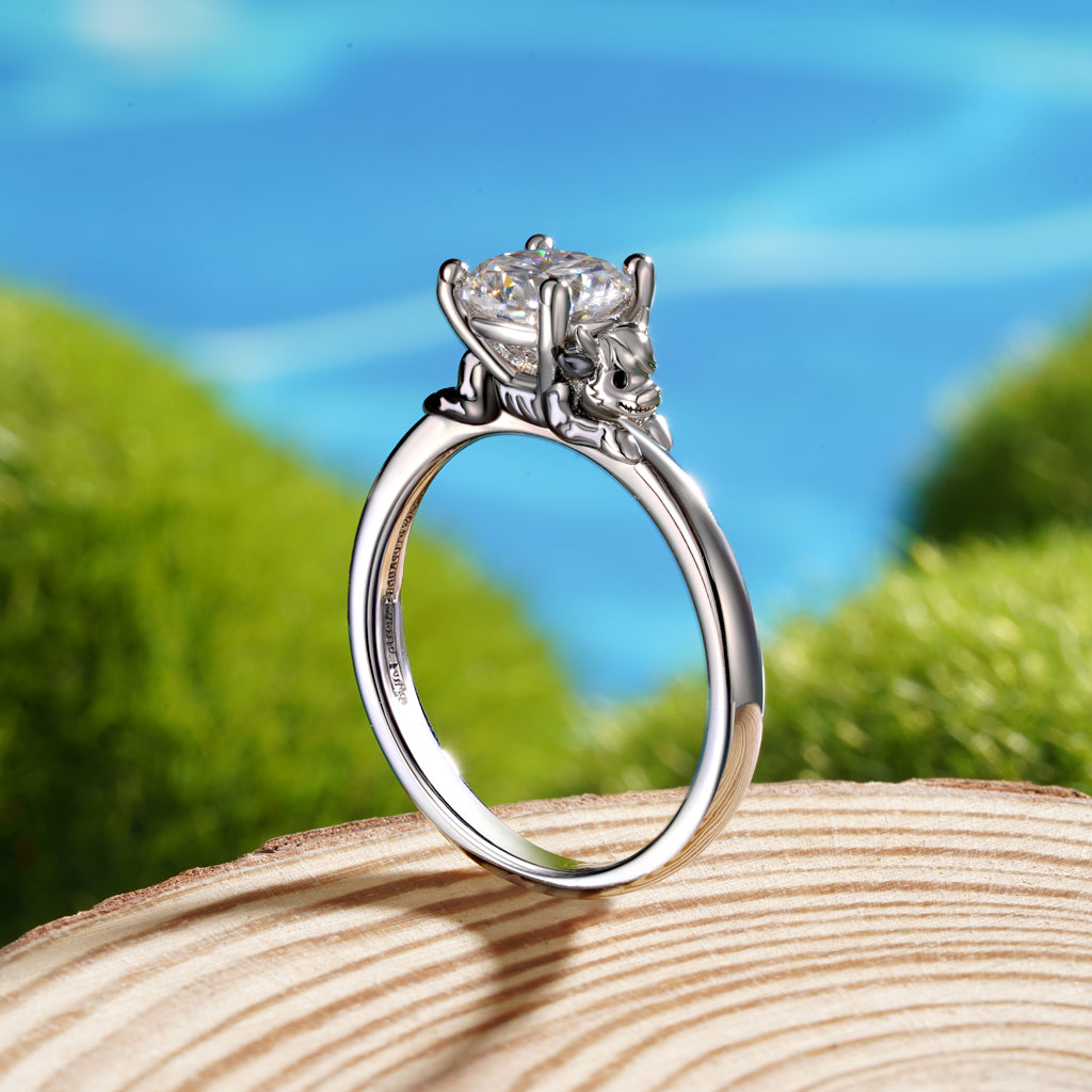 Gnoce Skeleton Highland Cow Embraces Moissanite Round Cut Ring_7