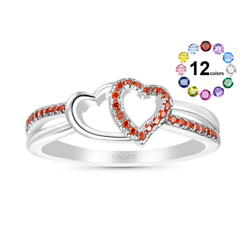 Gnoce Two Hearts Connect CZ Birthstone Band Ring_1
