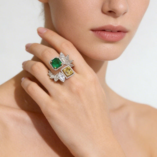 Gnoce Leaf Cluster Emerald & Yellow Moissanite Ring_2