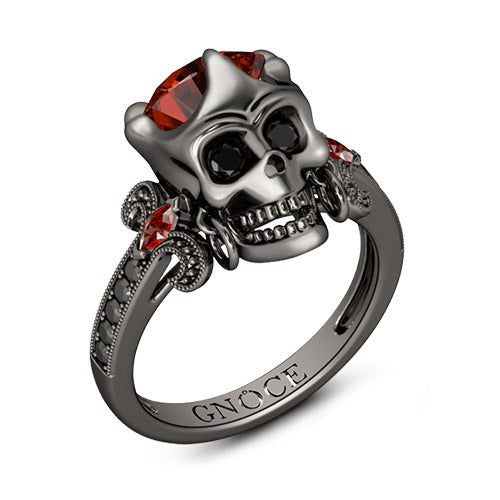 Gnoce "Halloween Gift" Black Plated Skull Garnet Stones 925 Sterling Silver Ring_2