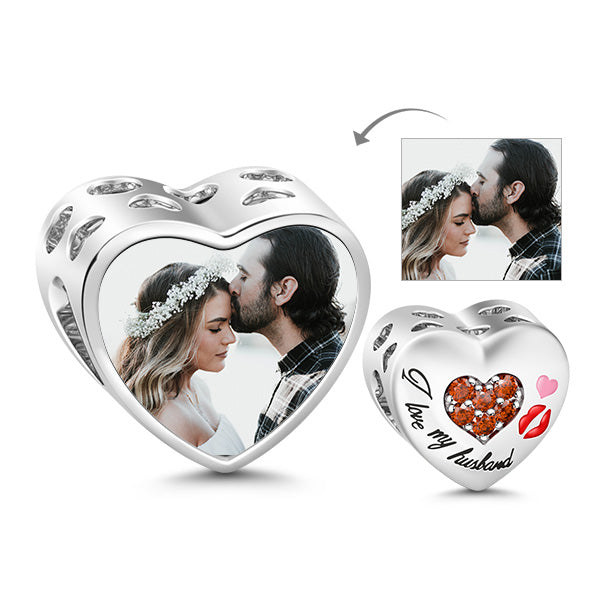 Gnoce "I Love My Husband" Hollow Hearts with Red Lips 925 Sterling Silver Photo Charm Bead_1