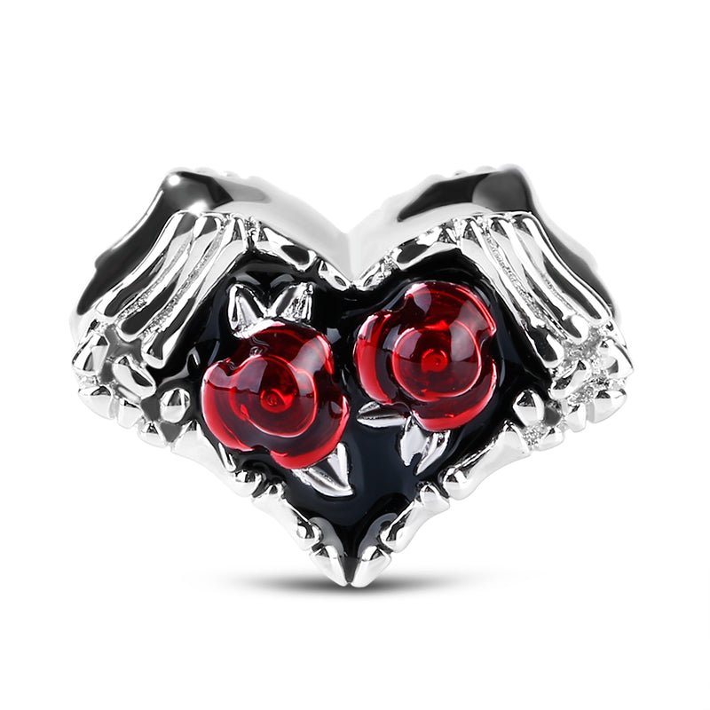 Gnoce "Love Will Never Fade" 925 Sterling Silver Gothic Red Rose Skeleton Charm Fit Pandora Bracelet_1