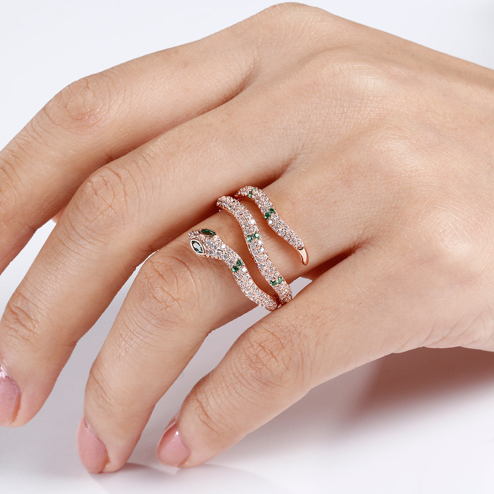 Gnoce "Creative life Force" 18K Rose Gold S925 Sterling Silver Green Snake Ring with Clear CZ Stones_3