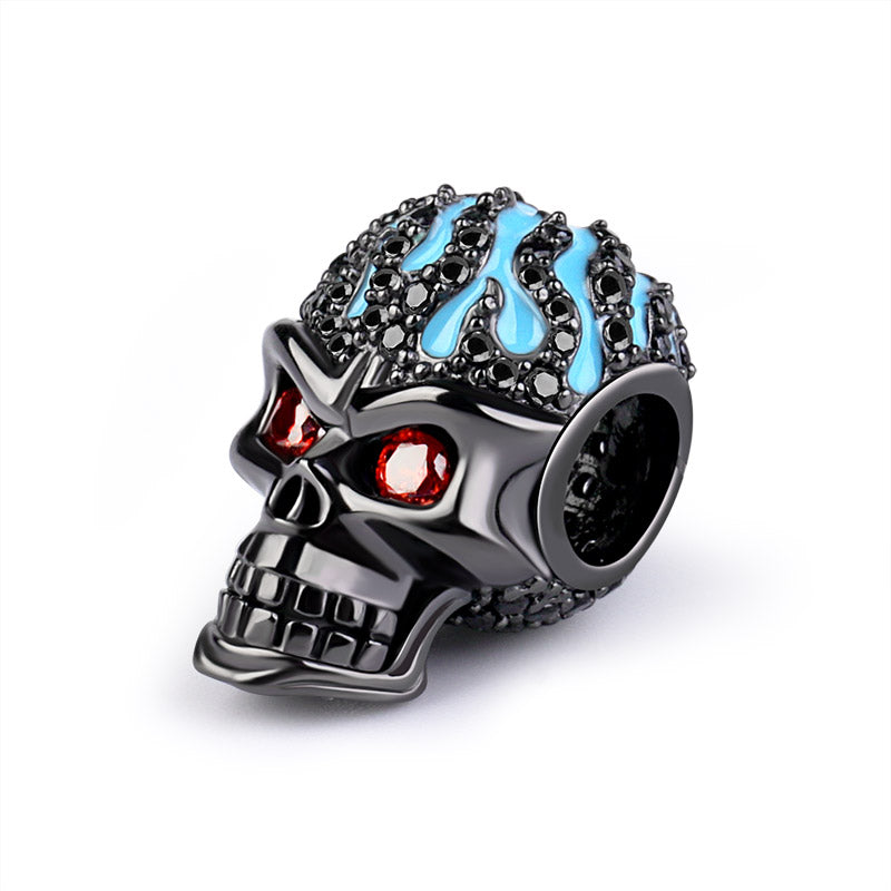 Gnoce "Fiery Love" Unique Skull 925 Sterling Silver Charm Beads Black Plated with Black CZ Hair and Red CZ Eyes_2