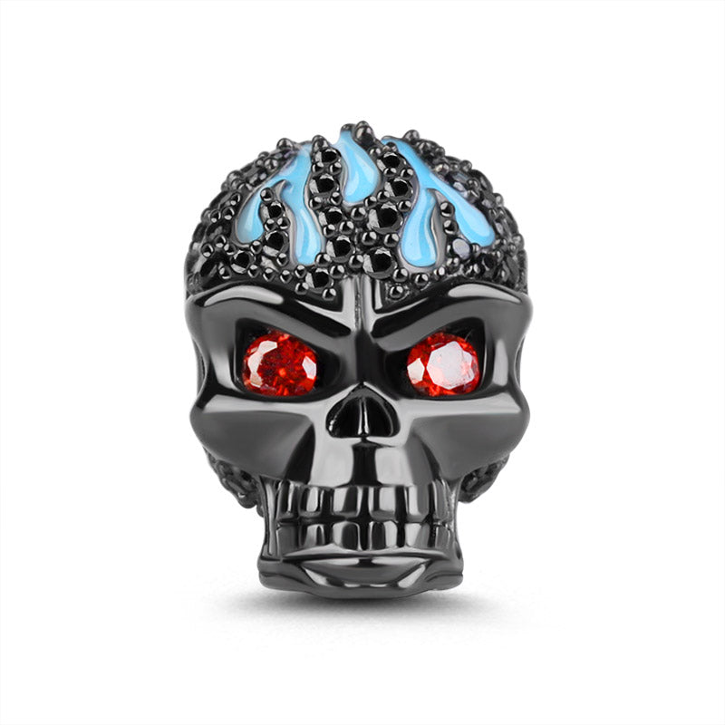Gnoce "Fiery Love" Unique Skull 925 Sterling Silver Charm Beads Black Plated with Black CZ Hair and Red CZ Eyes_1