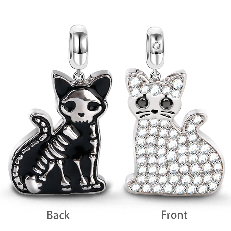 Gnoce "Schrodinger's Cat" Double Sided Cat Skeleton Bones Charm Pendant Sterling Silver two-tone_2