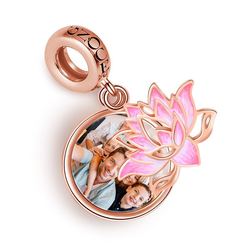 Gnoce "Thrives on Water" Lotus Photo Charm Personalized Bead Sterling Silver 18k Rose Gold Plated_4
