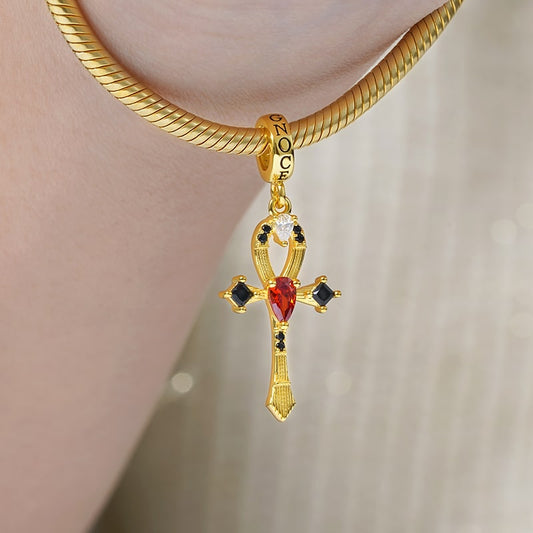 Ankh Pendant Dangle Charm Sterling Silver 18k Gold Plated inlaid with Stones_3