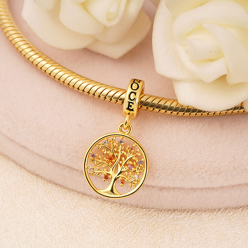 Family Tree Pendant Dangle Charm Sterling Silver 18k Gold Plated inlaid with Multicolour Stones_2