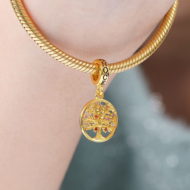 Family Tree Pendant Dangle Charm Sterling Silver 18k Gold Plated inlaid with Multicolour Stones_3