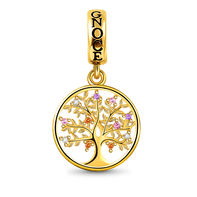 Family Tree Pendant Dangle Charm Sterling Silver 18k Gold Plated inlaid with Multicolour Stones_1