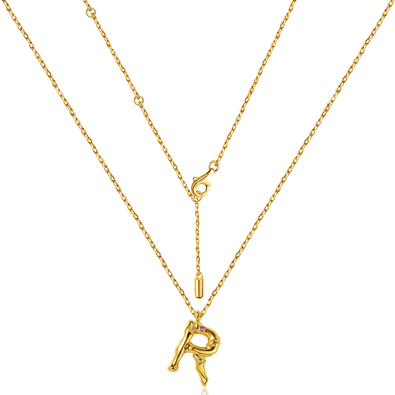Letter R Pendant Bamboo Initial Necklace Adjustable Chain Length 18k Gold Plated 925 Sterling Silver_2