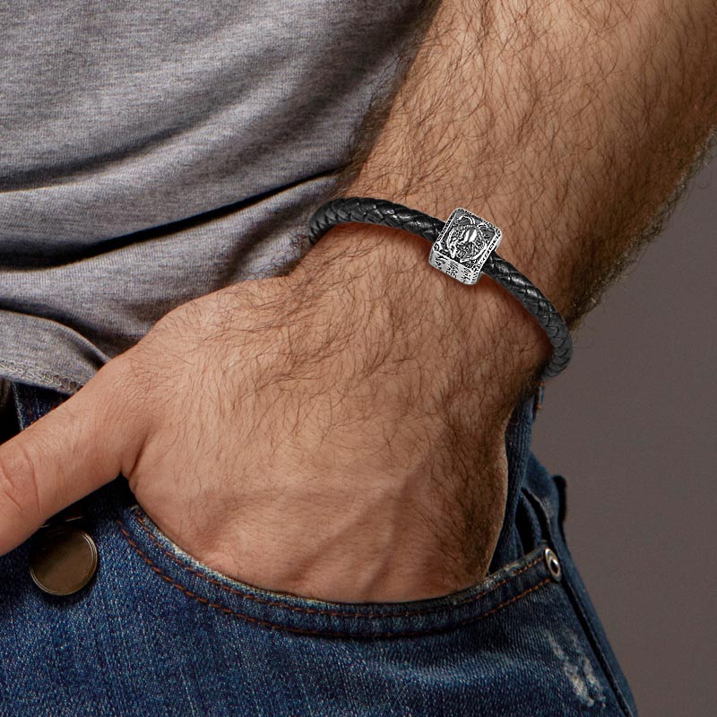 Eagle Men's Vintage Bead S925 Sterling Silver with Gift Copper Black Leather Men's Bracelet Jewelry for Men_5