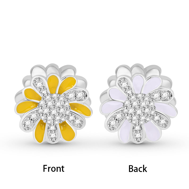 Double-sided Yellow and White Little Daisy Charm Bead 925 Sterling Silver inlaid with Stones_4