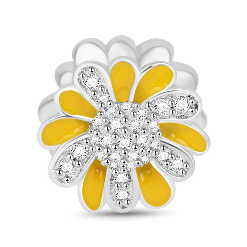 Double-sided Yellow and White Little Daisy Charm Bead 925 Sterling Silver inlaid with Stones_1
