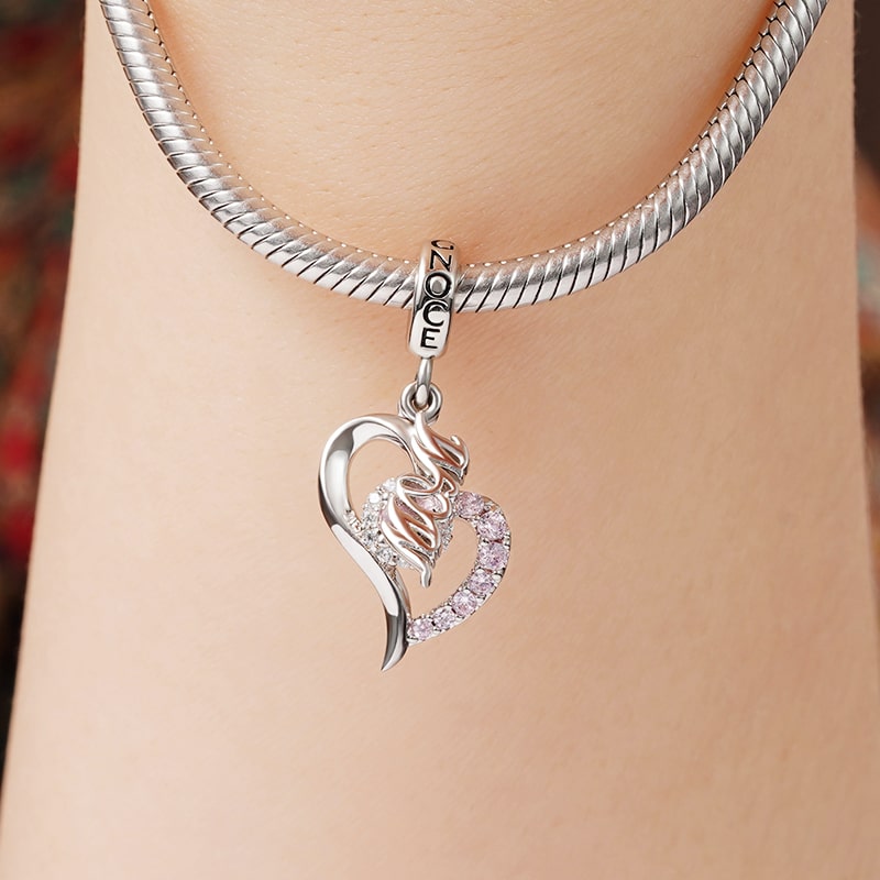 Mom Heart-shaped Pendant Dangle Charm Sterling Silver inlaid with Pink Stones_3