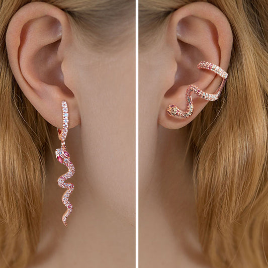 Gnoce "Rebirth" S925 Sterling Silver 18k Rose Gold Pink Snake Earrings with Clear CZ Stones_4