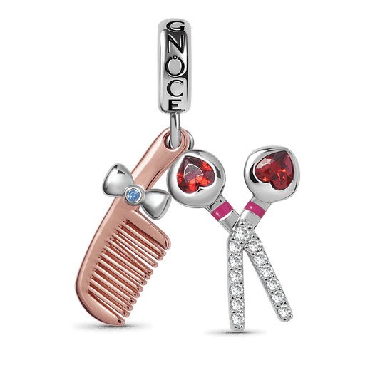 Comb & Scissors Pendant Dangle Charm Inlaid with Heart Shape Ruby and Gemstones Sterling Silver 18K Rose Gold Plated_1