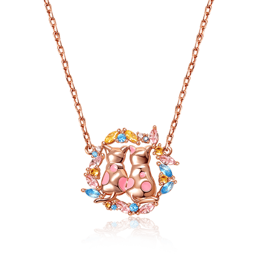 Cat Couple Necklace Surrounded by Gemstones Wreath 18K Rose Gold Plated_1