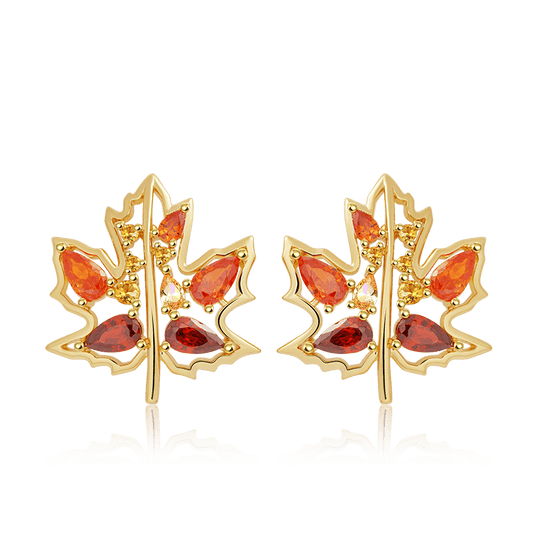 Maple Leaf Stud Earrings Inlaid with Droplet Gems_1