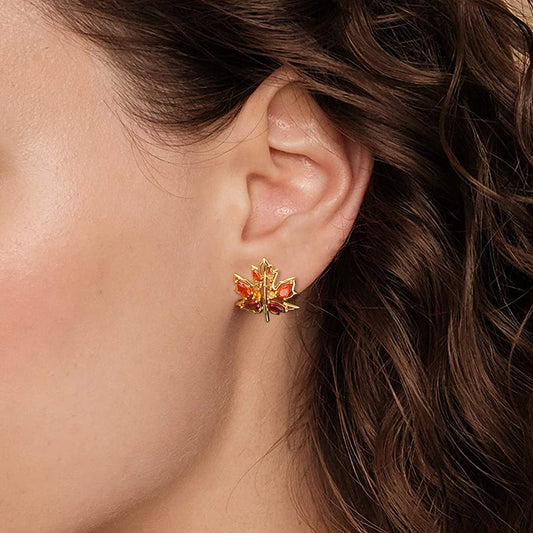 Maple Leaf Stud Earrings Inlaid with Droplet Gems_3
