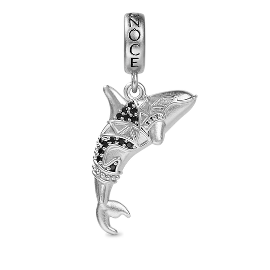 Killer Whale Orca Pendant Dangle Charm Sterling Silver Inlaid with Black Stones_1