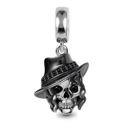 Curly Hair Skull with Hat Pendant Dangle Charm Sterling Silver Black Plated_1