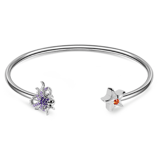 Octopus & Starfish Bangle Bracelet Sterling Silver Inlaid with Colorful Gemstones_1