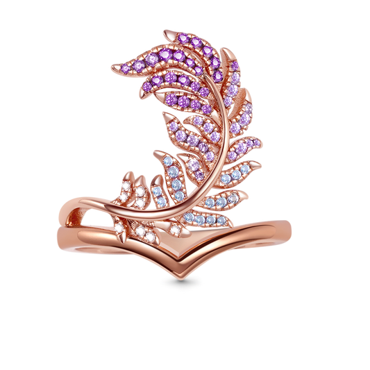 Feather V-Ring Sterling Silver 18K Rose Gold Plated Inlaid with Gradient Purple Gemstones_1