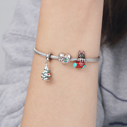 Christmas Tree with Snow and Colored Starmoon & Balls Pendant Dangle Charm 925 Sterling Silver_3