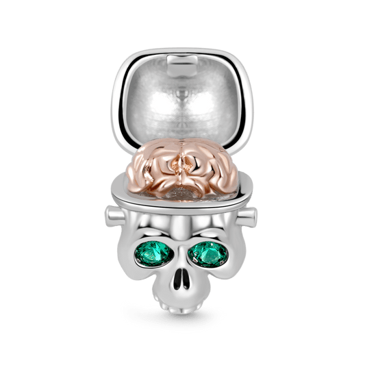 Skull with Openable Brain Charm Bead 925 Sterling Silver Inlaid with Emerald Zircon Eyes_1