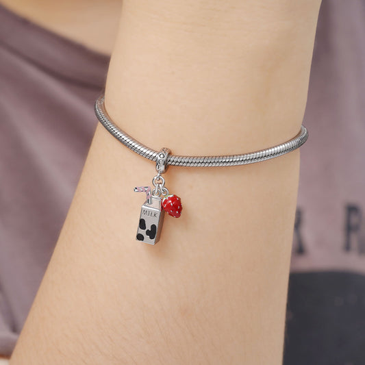 Milk & Strawberry Pendant Dangle Charm 925 Sterling Silver_3