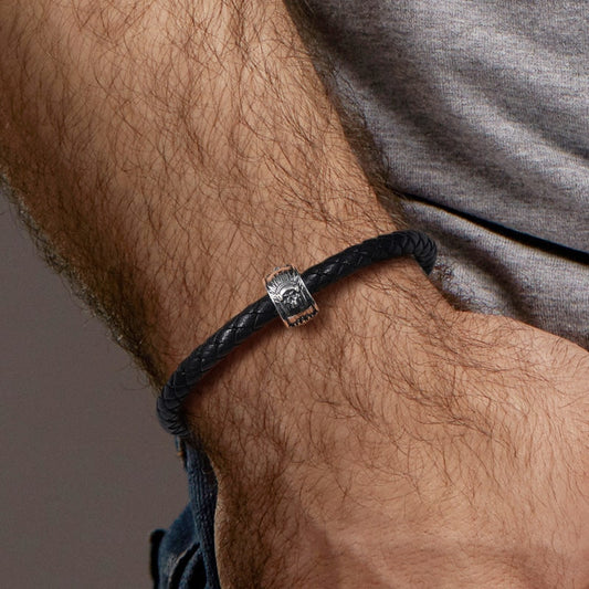 Indian Chief Skull Men's Vintage Bead S925 Sterling Silver with Gift Copper Black Leather Men's Bracelet Jewelry for Men_4