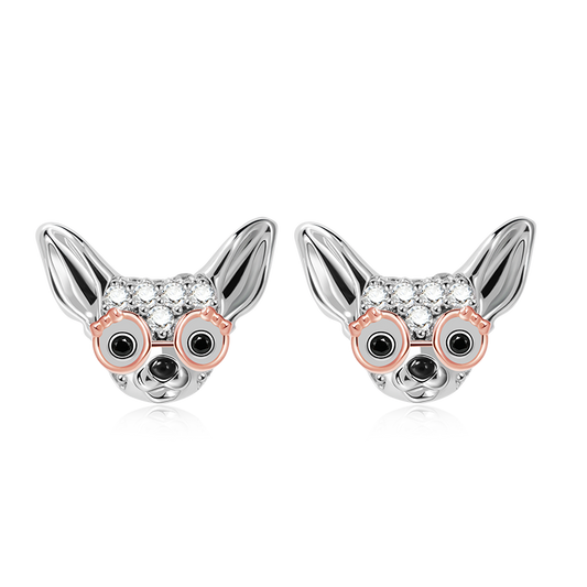 Chihuahua with Glasses Stud Earrings 925 Sterling Silver Inlaid with Clear Zircon Gemstones_1