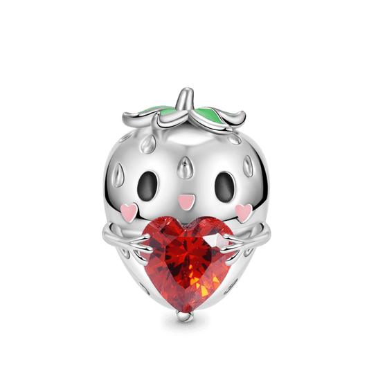 Cute Strawberry Embraces Heart Gemstone Charm Bead Sterling Silver_1