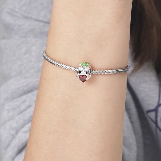 Cute Strawberry Embraces Heart Gemstone Charm Bead Sterling Silver_3