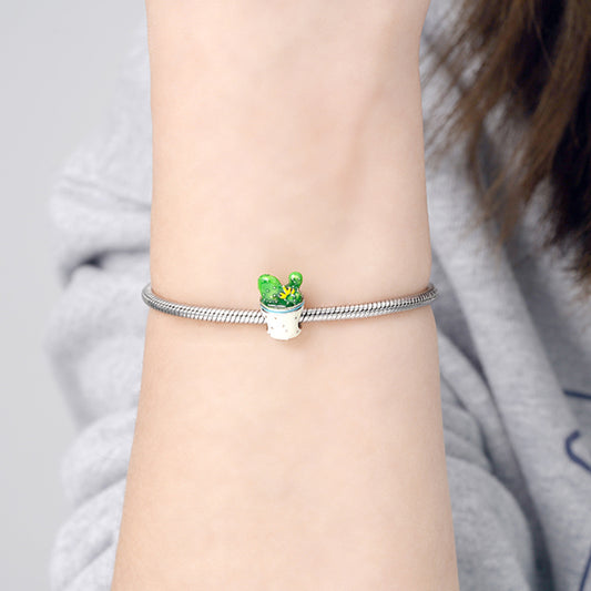 Cactus Charm Bead 925 Sterling Silver with Green and White Enamels_3