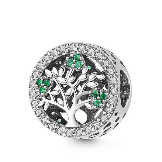 Tree of Life Charm Bead 925 Sterling Silver Inlaid with Green and Clear Gemstones_1