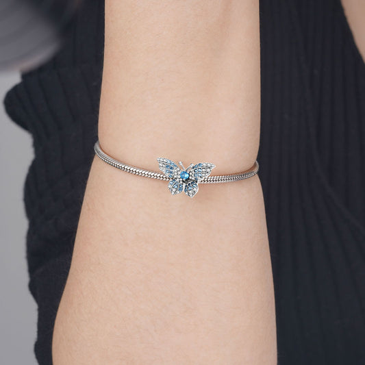 Morpho Butterfly Stopper for Charm Bracelets 925 Sterling Silver Inlaid with Clear & Blue CZ Stones_4