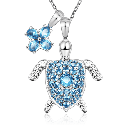 Cherry Blossom & Sea Turtle Necklace Copper Inlaid with Blue Gemstones_1