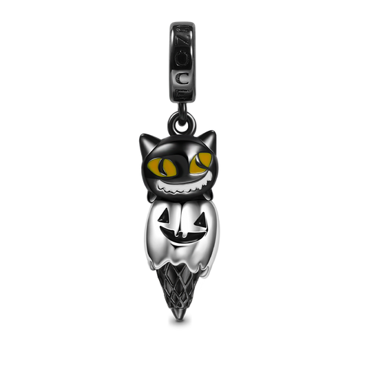 Black Cat & Pumpkin Monster Cone Pendant Dangle Charm 925 Sterling Silver Black Plated_1
