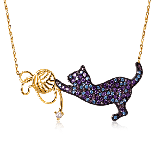 Cat Playing with Yarn Ball Necklace 925 Sterling Silver 18 Gold Plated Inlaid with Colorful CZ Stones_1