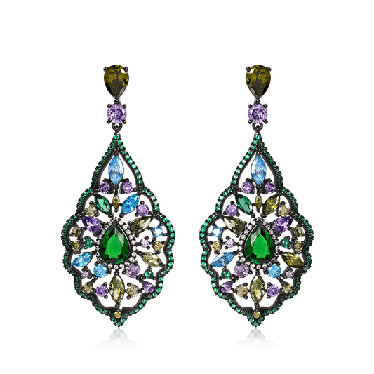 Vintage Water Drop Shape Dangle Earrings Copper Inlaid with Colorful Gemstones_1